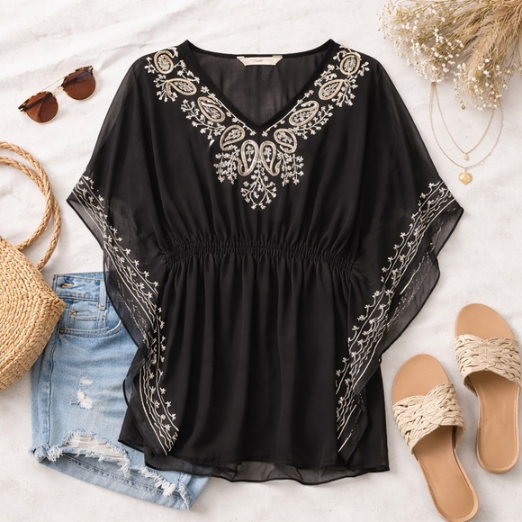 Fun & Flirt Tops - Fun & Flirt Black Boho Embroidered Sheer Tunic Top | Flowy Kimono Sleeve